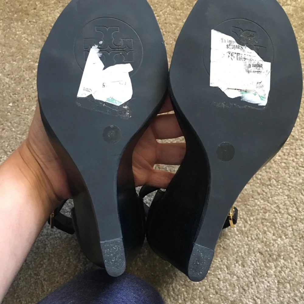 Tory Burch Black and Yellow Leather Wedge Sandals